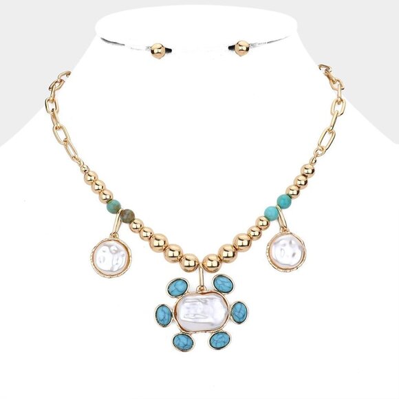 NEW Abstract Turquoise Pearl Stone Golden Chain Necklace - Picture 3 of 10